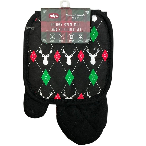 Holiday Deer Argyle Cotton Oven Mitt Potholder Set Christmas Winter Seasonal - Picture 3 of 16